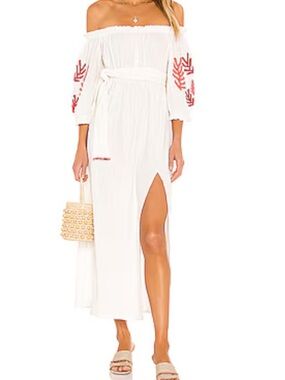 Sundress womans boho White Off-Shoulder Maxi Dress w Embroidered Puff Sleeves XS